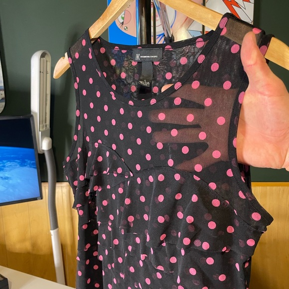 INC International Concepts Black Tank Top with Pink Polka Dots see though - Picture 2 of 5